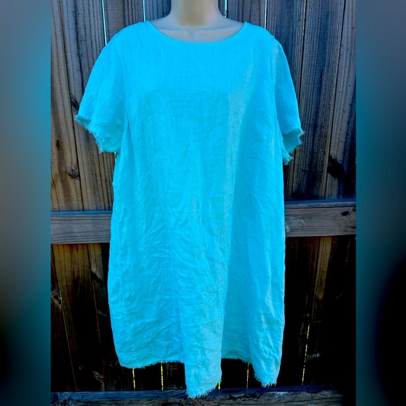Tommy Bahama 100% Linen Aqua Shift Dress with Frayed Hem - Size XL - Picture 1 of 6